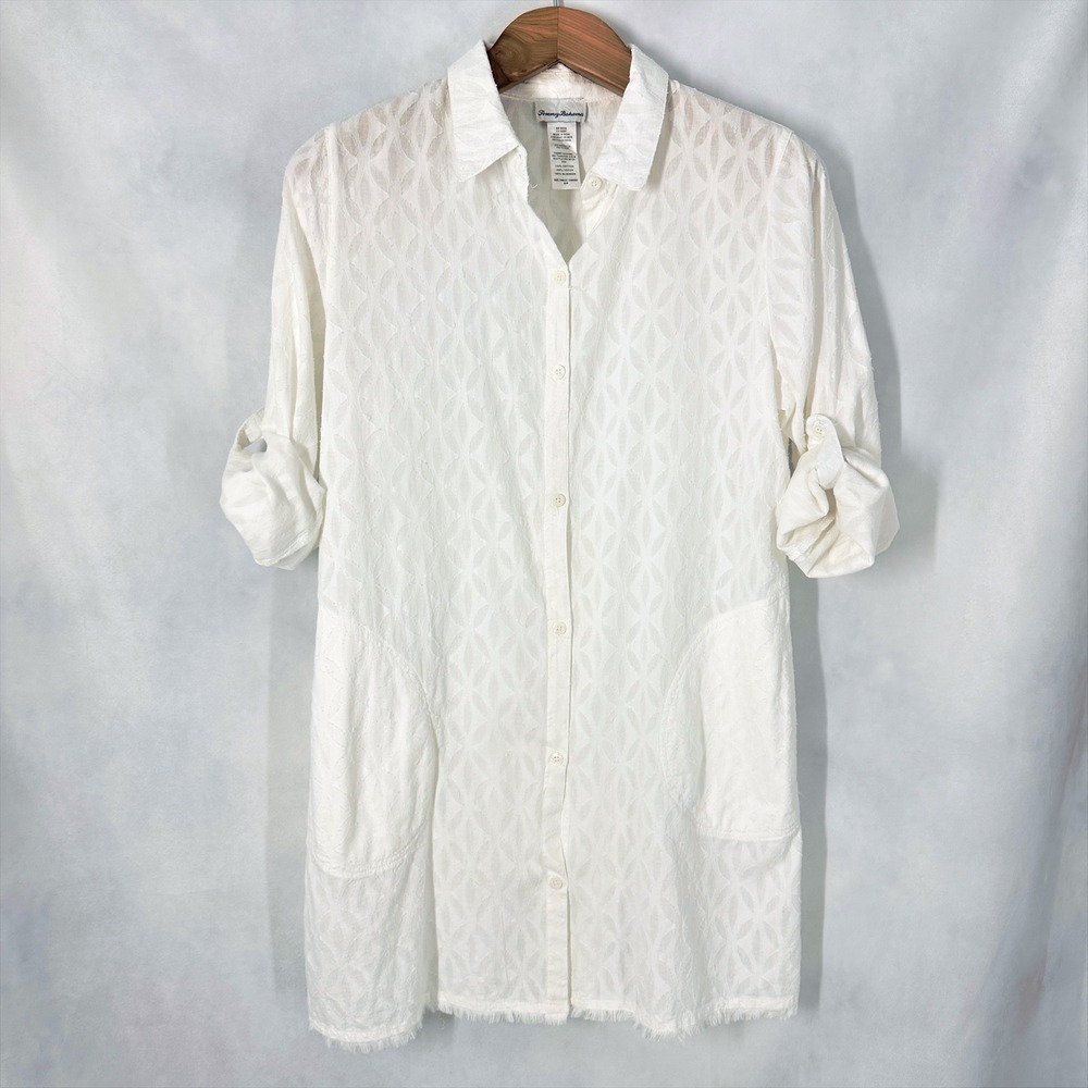 Tommy Bahama Palm Textured White Cotton Tunic Button Up Shirt Women's Size Small